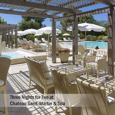 CHÂTEAU SAINT-MARTIN & SPA - Settle into the heart of the Côte d'Azur region during this 3-night stay for 2 guests at this magnificent château and spa. Experience the endless natural beauty where the sea and mountains combine at this 5-star luxury property overlooking the Mediterranean coastline. Enjoy a variety of amenities including tennis courts and a swimming pool, dine at their famous Le Saint-Martin restaurant which has been awarded two Michelin stars or simply explore or relax in these luxurious surroundings. Airfare not included.